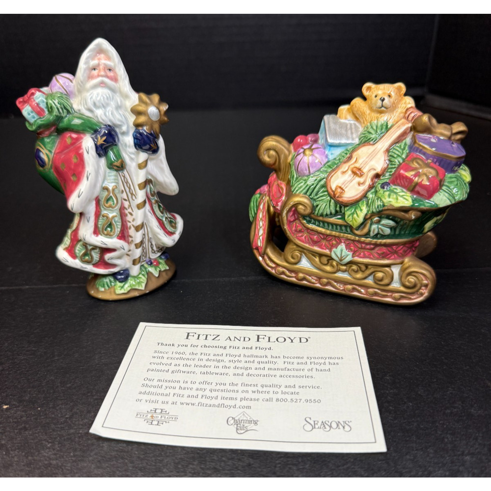 Fitz And Floyd Florentine Santa Claus Sleigh Salt And Pepper Shakers Vtg X-Mas